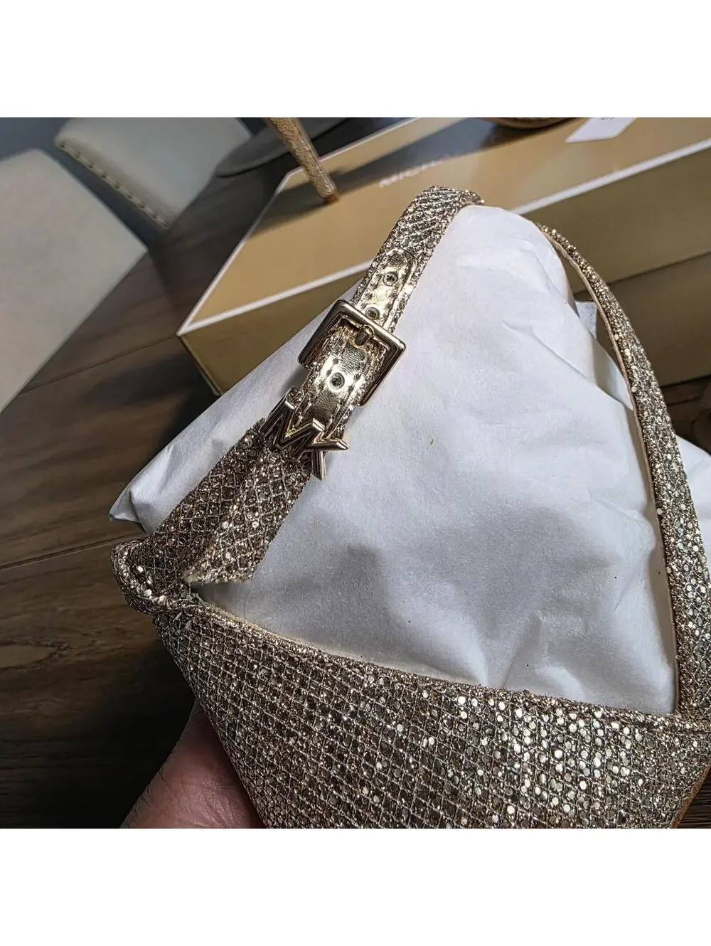Michael Michael Kors Ava Mid Sandal Glitter Heels Silver/Sand Women’s Sz 8 NIB